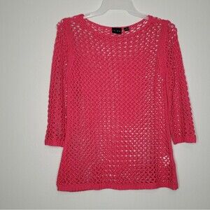 Pink pull over crochet open knit preppy boho casual 3/4 sleeve top size medium